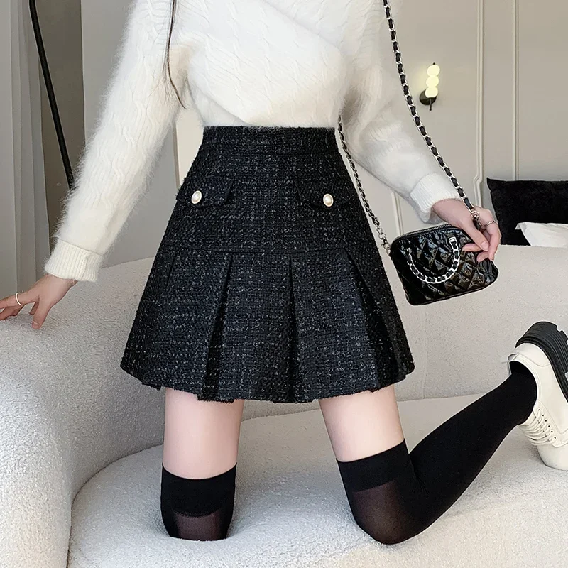 

Fashion Black Tweed Pleated Skirt Women High Waist A-line Short Mini Skirts Autumn Winter Korean Woolen Skirts Preppy Pockets