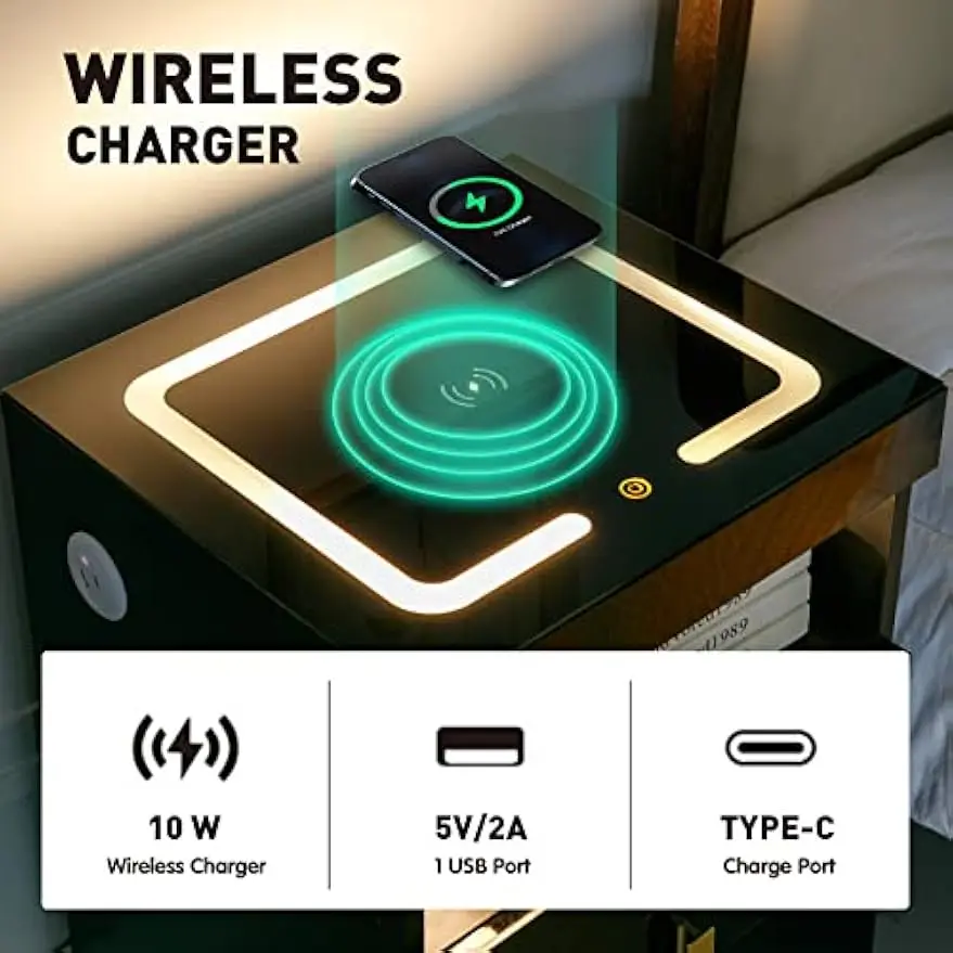 Minimalist Design Black and Gold Wireless Charging & USB Type C LED 3 Colors & Adjustable Brightness Bedroom Nightstand