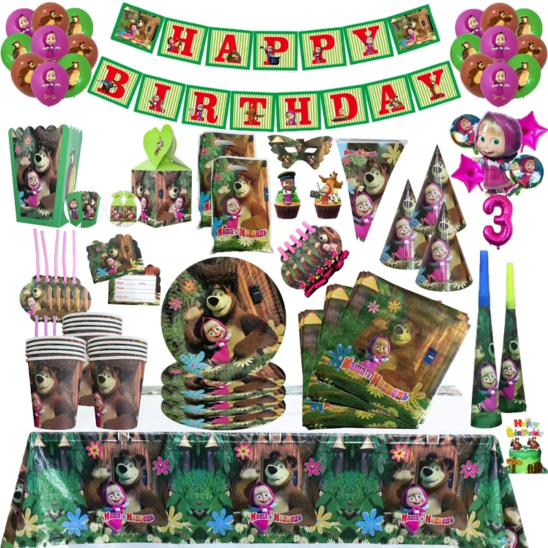 Masha and The Bear Theme Birthday Party Supplies Girls Masha Tableware Set Balloons Plates Cups for Kids Party Baby Shower Decor - view 6