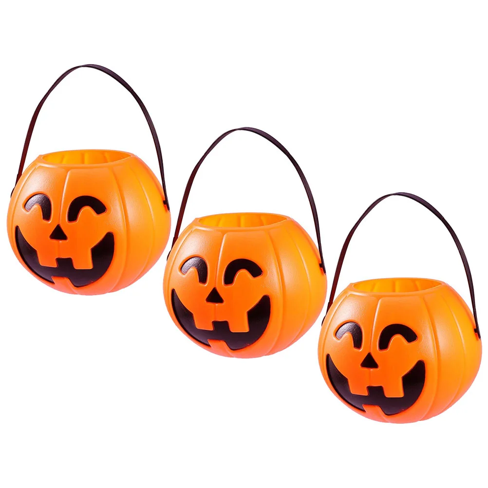 3 Pcs Pumpkin Bucket Candy Lantern Trick or Treat Evil Halloween Decor Holders Pail Stand Portable