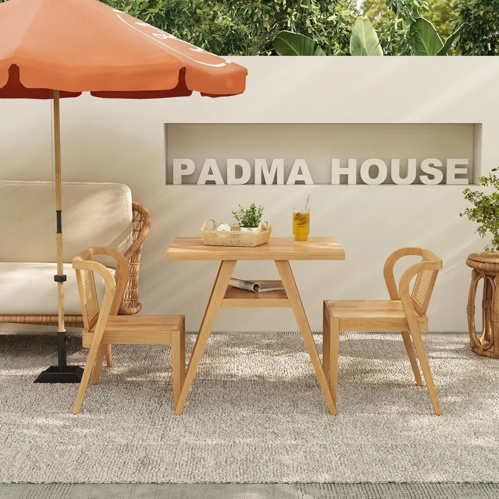 Bistro Stacking Table Chair Set of 3, Wood Rattan Small Dining Table & Chair Set, Nesting Table Chair Set for Tavern, Balcony,