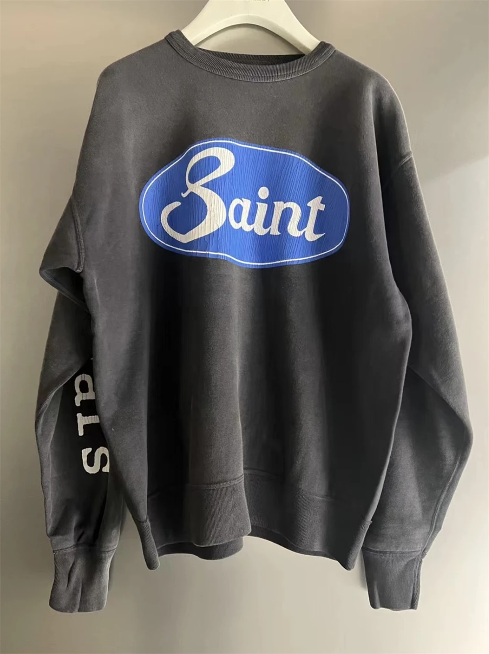 SAINT High Quality Letter Printed Vintage Round Neck Fleece Hoodie High Street Casual Loose Cotton Japanese Hip Hop Rock Street