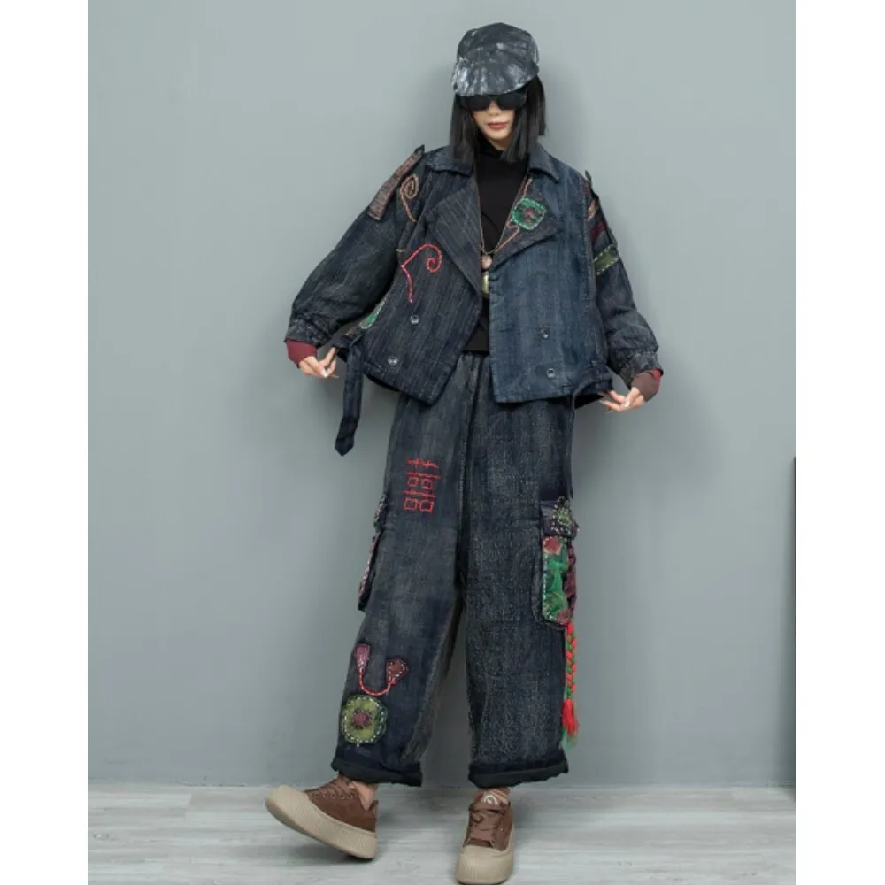 2024 Winter Hand Embroidered Splicing Pant Set Cardigan Cotton Jacket + Pants Two Piece Set Women LX2543