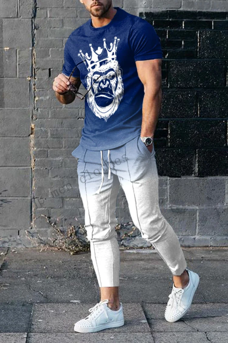 

Summer Men's Fashion Short-sleeved Trousers 3D Abstract Printing Casual Street Adult Trend with Breathable Two-piece Set