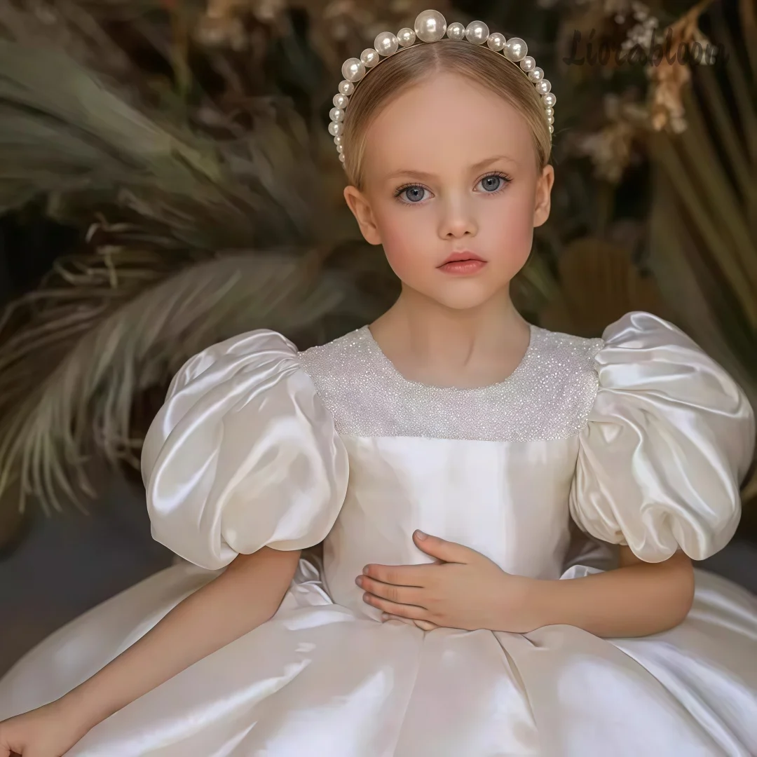 Champagne Satin Flower Girl Dress for Wedding Toddler Kids Puff Sleeves Tulle Ball Gown with Lace Trim Vintage Princess Dress