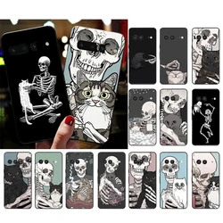 Phone Case for Google Pixel 10 9 Pro XL 9A 8 7 6 Pro Pixel 8A 7A 6A Pixel 8 7 6 5 Skeleton Skull Cat Art Case Funda