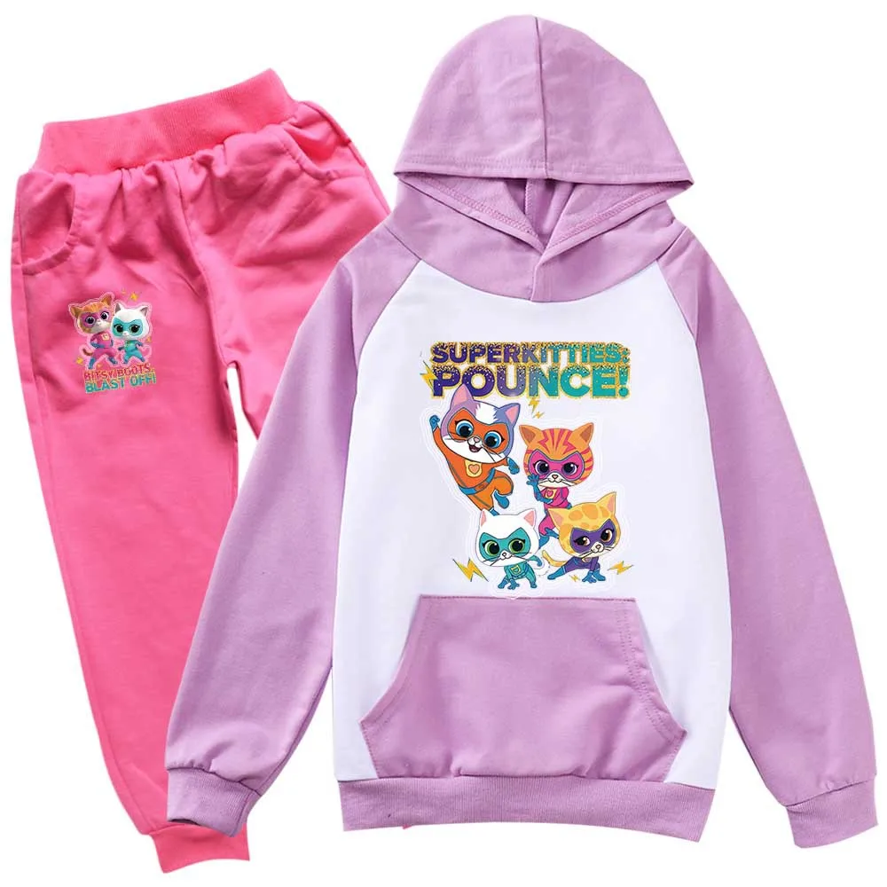 Cartoon Superkitties Clothes Baby Girls Super Cats Hoodie Kids Pullover Hooded Sweatshirts Pants 2Pcs Sets Teen Boys Tracksuits