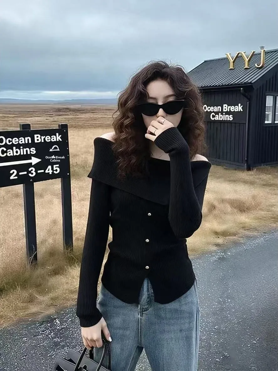 Korean Style Long Sleeve Base Shirt Women's Slim Fit Beautiful Knitwear Inner Wear One Shoulder Design Sensation Autumn Winter