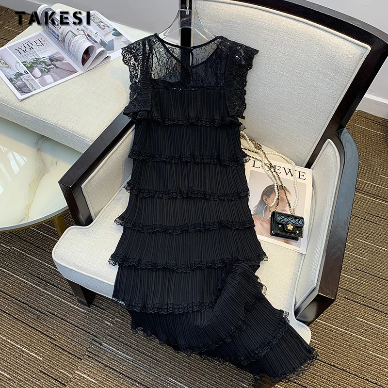 2023 Summer Vintage Off Shoulder O-neck Black Lace Mid Long Dresses Women\'s Elegant Classic Office Lady A-Line Tierred Dress