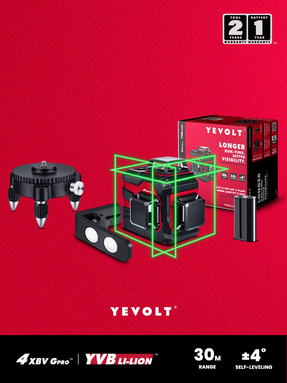 YEVOLT YVGLL4XS12-Ld 3-pustowy zielony poziom lasera z 3,6 V litowo-jonowym mocowaniem 360 12-liniowy uchwyt magnetyczny 3D obrotowa podstawa