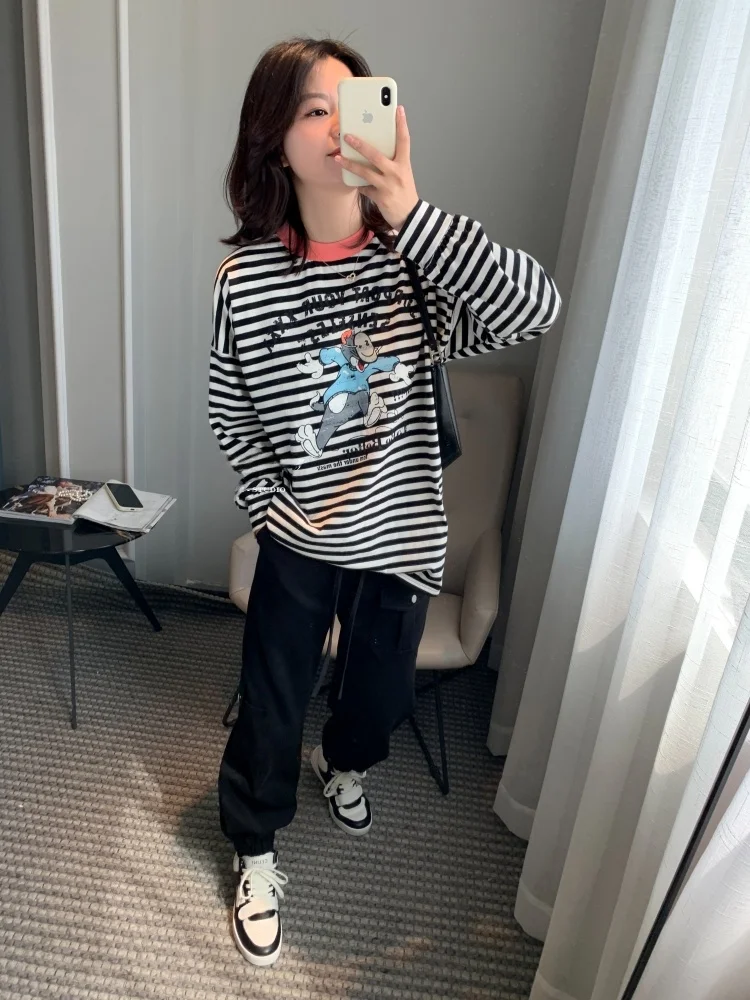 

Женская хлопковая футболка оверсайз с длинным рукавом, весна-осень, новая модель, в полоску, свободного кроя, удобная, в корейском стиле, с круглым вырезом