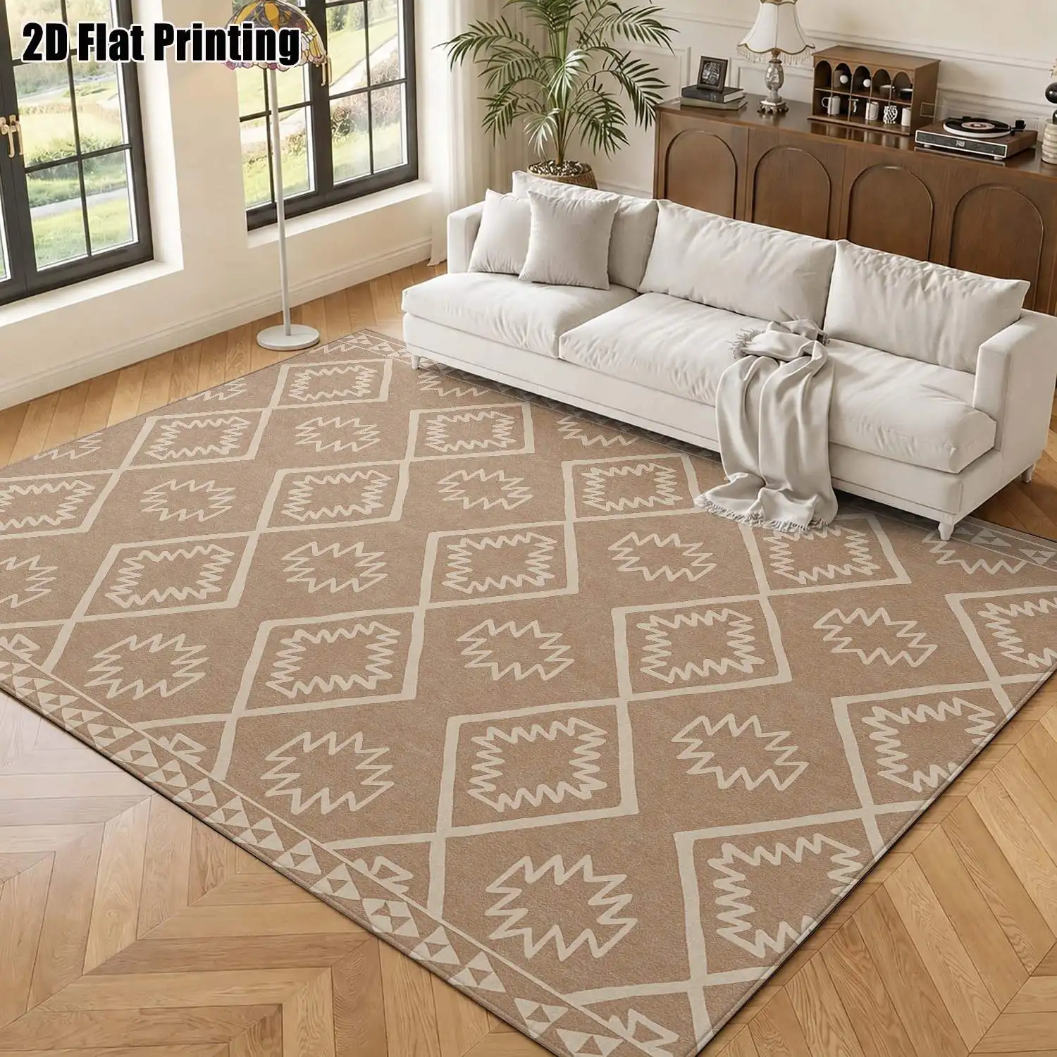 1Pc 2D Printed Beige Geometric Totem Nordic Carpet, Instagram-Style Modern Minimalist Vintage Floor Mat, Multi-Size, Machine Washable, for Entrance, Dining, Foyer, Living Room, Bedroom Home Decor