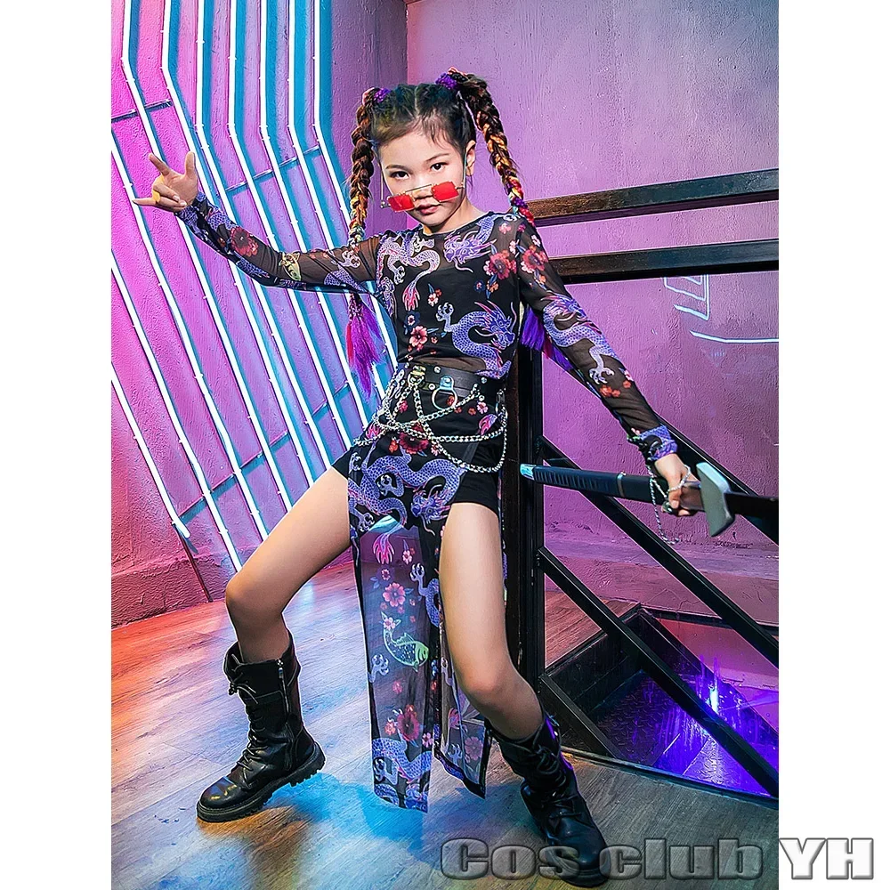 Modern Street Dancing Wear Dance Costumes Kids Stage Performance Clothing Children Dragon Pattern Hip Hop For Girls Jazz Outfits