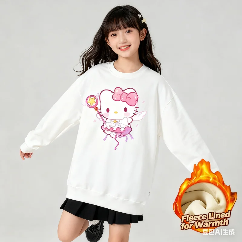 

2025 Sanrio Series Printed Crew Neck Long-Sleeve Top, Cute and Warm Fleece-Lined Crew Neck Long-Sleeve T-Shirt, 100% Cotton