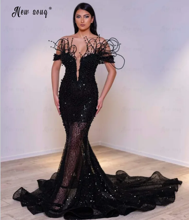 Błyszcząca czarna suknia wieczorowa Mermaid z odkrytymi ramionami Couture Sparkle Długie suknie imprezowe Formalne sukienki gwiazd Vestido De Noiva Custom