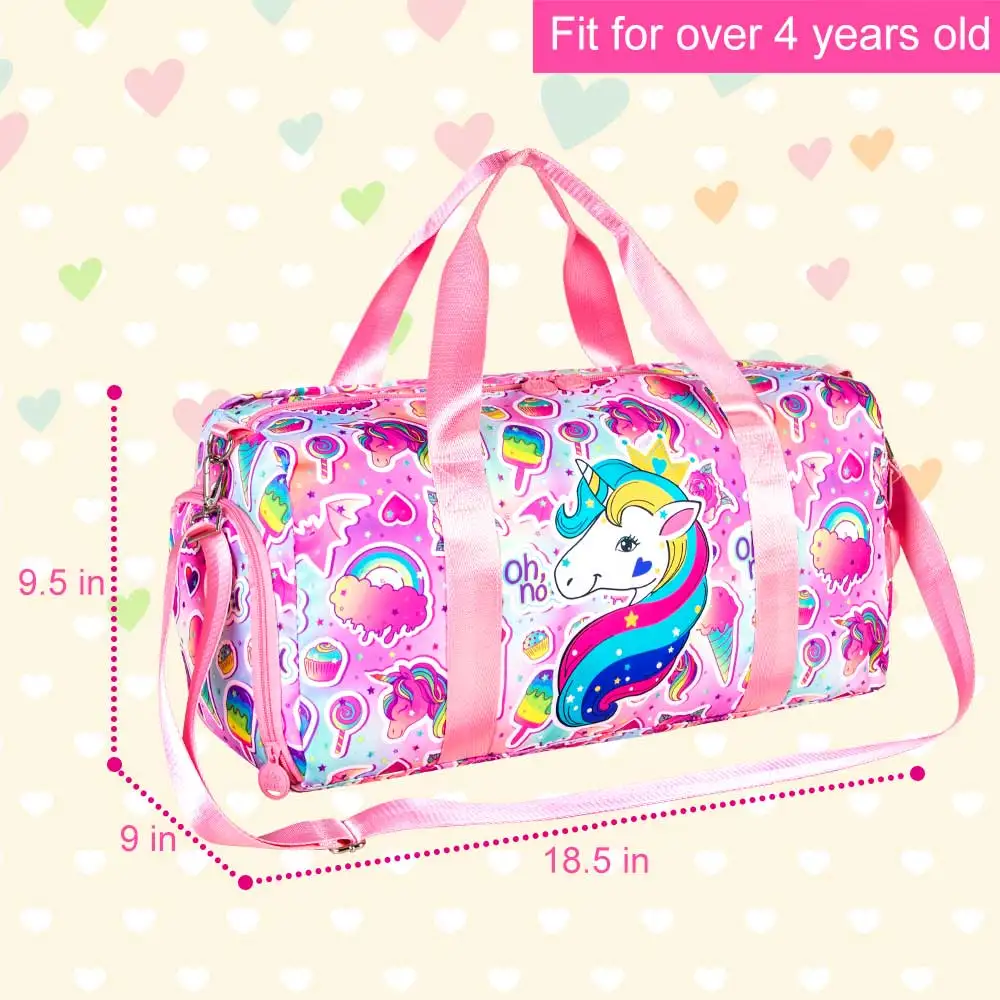 Kids Duffle Bag For Travel With Shoe Compartment Girls Gym Dance Ballet Weekender Overnight Unicorn Rainbow Mermaid Pink Purple