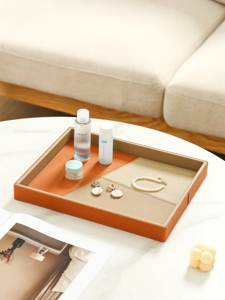 European high-end leather rectangular tray Living room tea table tabletop storage tray Bathroom toiletry table cup storage tray