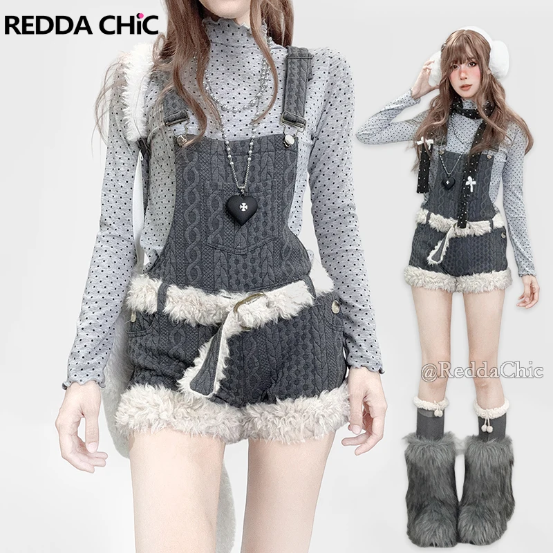

REDDACHiC Grunge Y2k Furry Shortalls with Belt Vintage Gray Knit Rompers Adjustable Straps Shorts Jumpsuit Winter Women Clothes