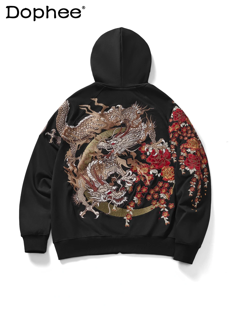 

2024 Dragon Chinese Style Fashion Embroidery Sweatshirt Hengsuhe Trendy Men's Women's Sweatshirts Zipper Hooded Cotton Coat