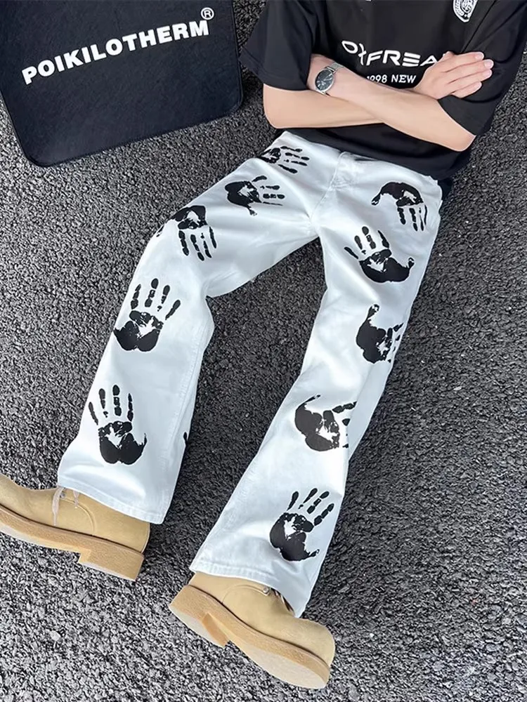 

White Printed Jeans Men Women Straight Pants for Men Wide Leg Oversize Trousers Korean Streetwear Y2k Male Clothes Cargo Pants