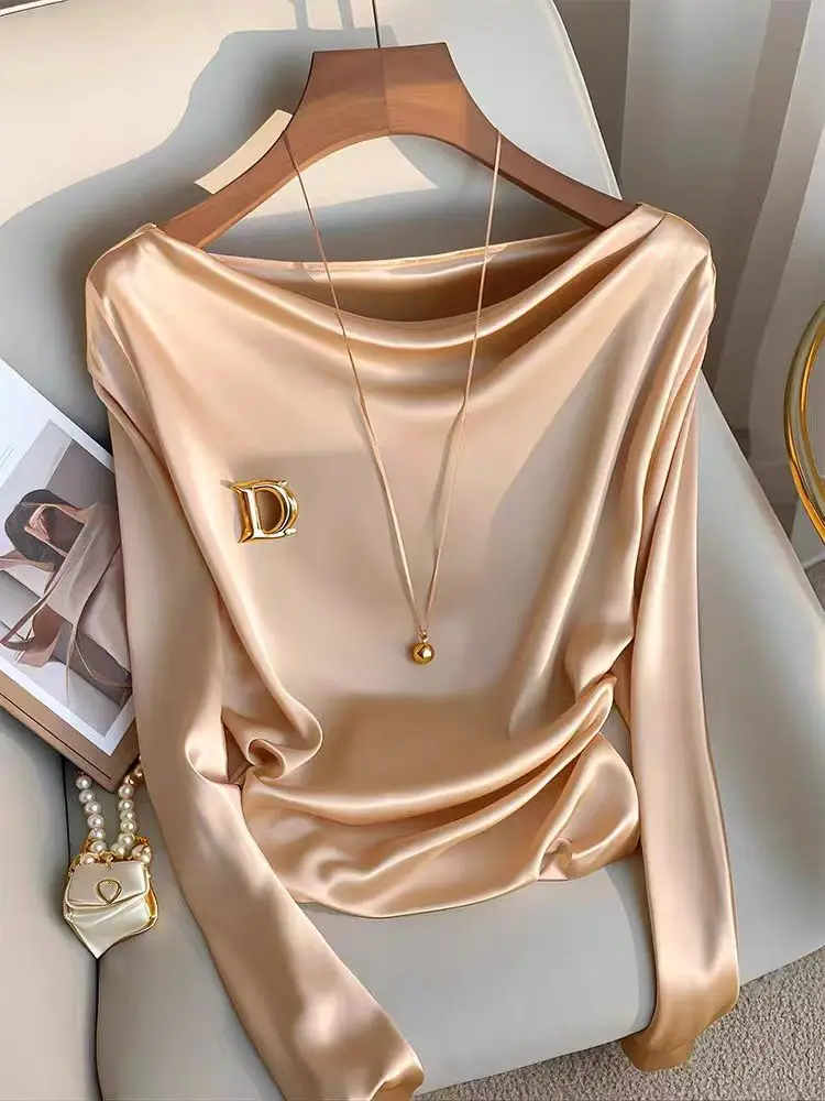 French Satin Shirt for Women Autumn New High-end Temperament Long Sleeve Slimming Swing Collar Solid Color Blouse Women Tops