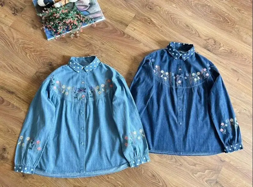 2025 Women Denim Blouses Elegant and Youth Woman Blouses Japan Style Long Sleeve Embroidered Jean Shirts