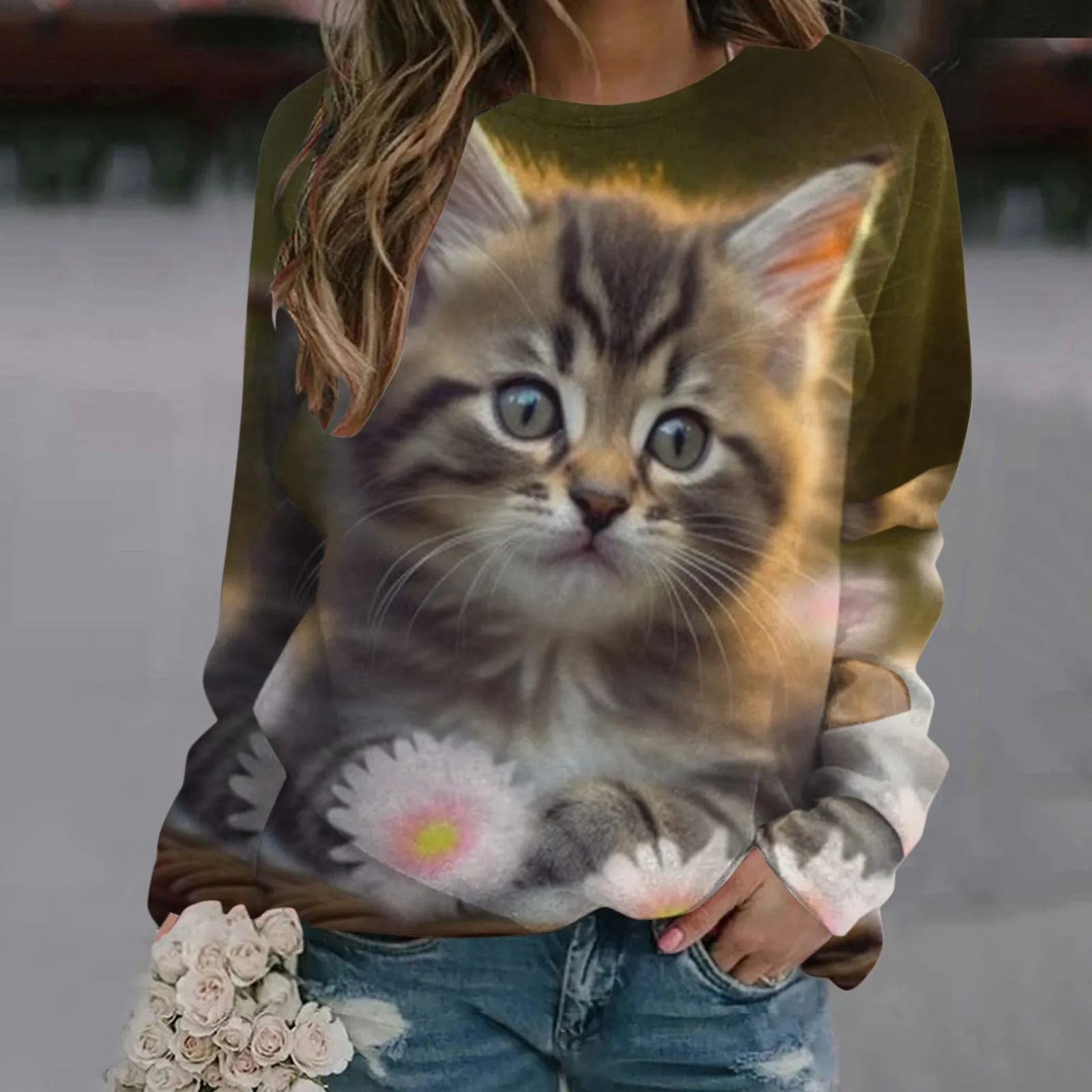 

Cute Cat Women's T Shirt 3D Print Casual Long Sleeve Tees Oversized Harajuku Sweater Clothing Daily Blouse Female Loose Tops