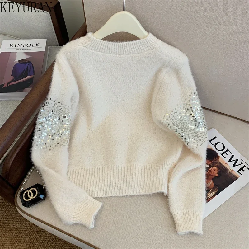 Sequins Pullovers Sweater Women\'s Autumn Winter Korean Style O-Neck Long Sleeve Khaki Short Mohair Sweaters Jumpers Pull Femme