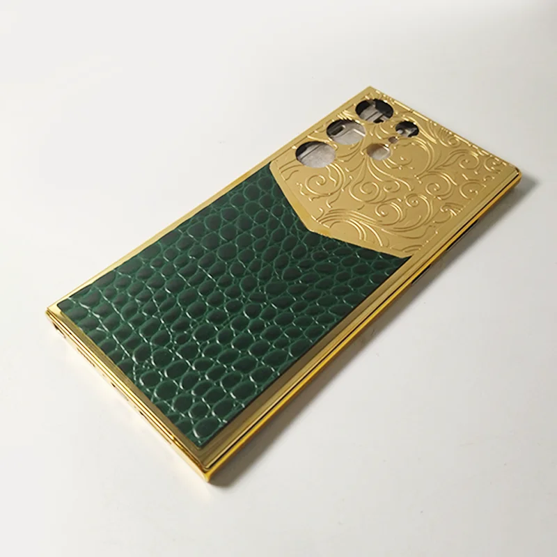 

Gold plated luxury phone frame with backplate with leather electroplated phone housing for S23 ultra