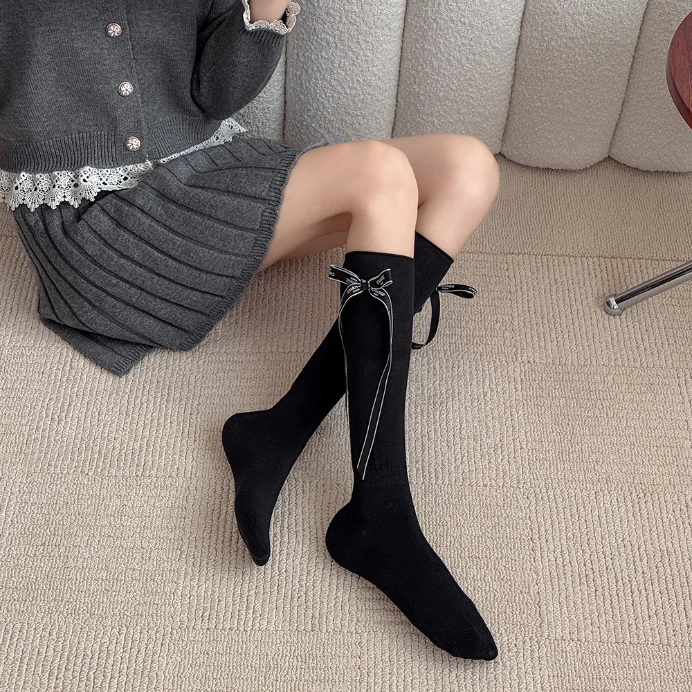 ผู้หญิง Over-the-calf ถุงเท้า Big Bow ตกแต่งแฟชั่นญี่ปุ่นถุงน่องสีทึบน่ารักเข่าความยาวถุงเท้าหญิง