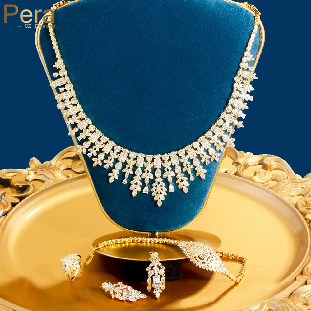 

Pera Magnificent Gold Color CZ Zircon Tassel Chandelier Drop Necklace Earrings Ring Bracelet Sets for Women Costum Jewelry J542