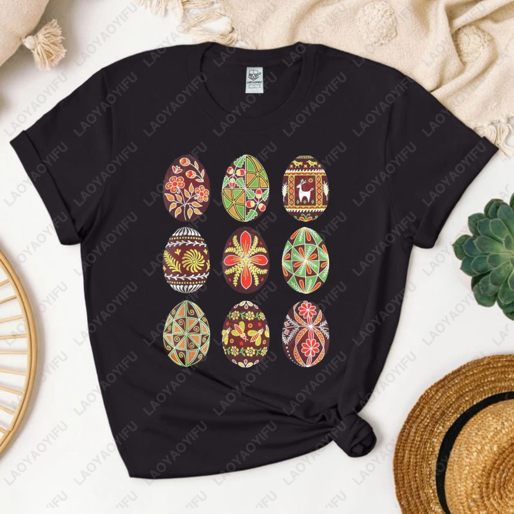 

Folk Art Easter Eggs T-Shirt Traditional Slavic Pysanka Graphic Tee Breathable Cotton Crewneck Intricate Floral Geometric Print