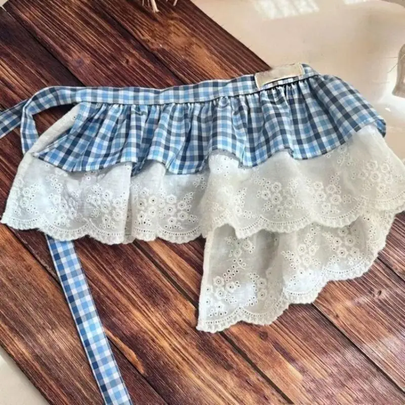 R66D طبقة الكشكش تراكب الفتيات تنورة الأزرق المتقلب نمط لهجات الدانتيل القطن الناعم الحفلات الصيف ومناسبة خاصة