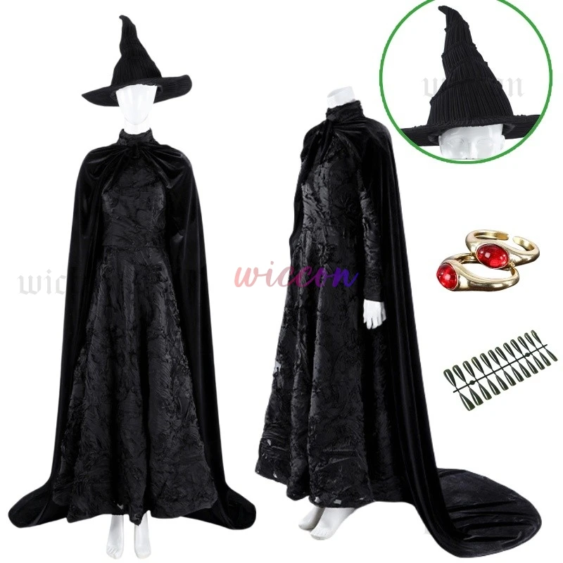 Movie Wicked Elphaba Cosplay  Costume Long Cloak Dresses Hat Uniform Women Girls Halloween Role Play Party Outfits Wig