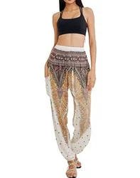 Boho Yoga Pants Wide Leg Women Harem Bohemian  Vintage Print  loose fit Boho Hippie high waist Smocked Waist Beach   Hippie