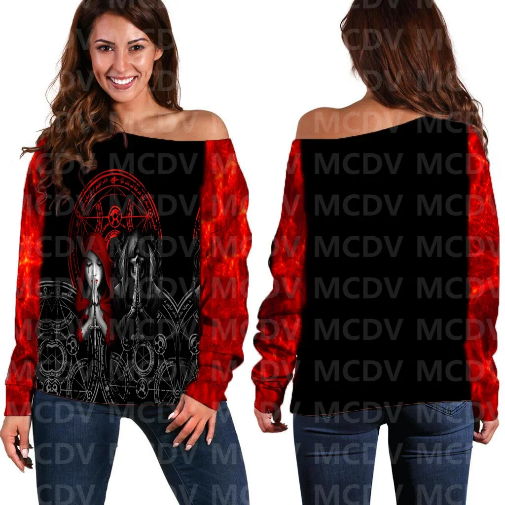 Women's Off Shoulder Sweater Skull 3D Printed Women Casual Long Sleeve Sweater Pullover