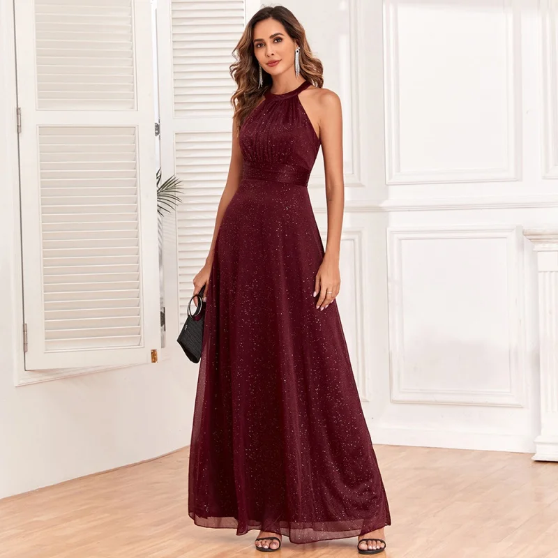 

2024 Spring and Autumn New Shiny off-Shoulder Backless Wedding Party Sleeveless Halter Evening Women's A- line Dress