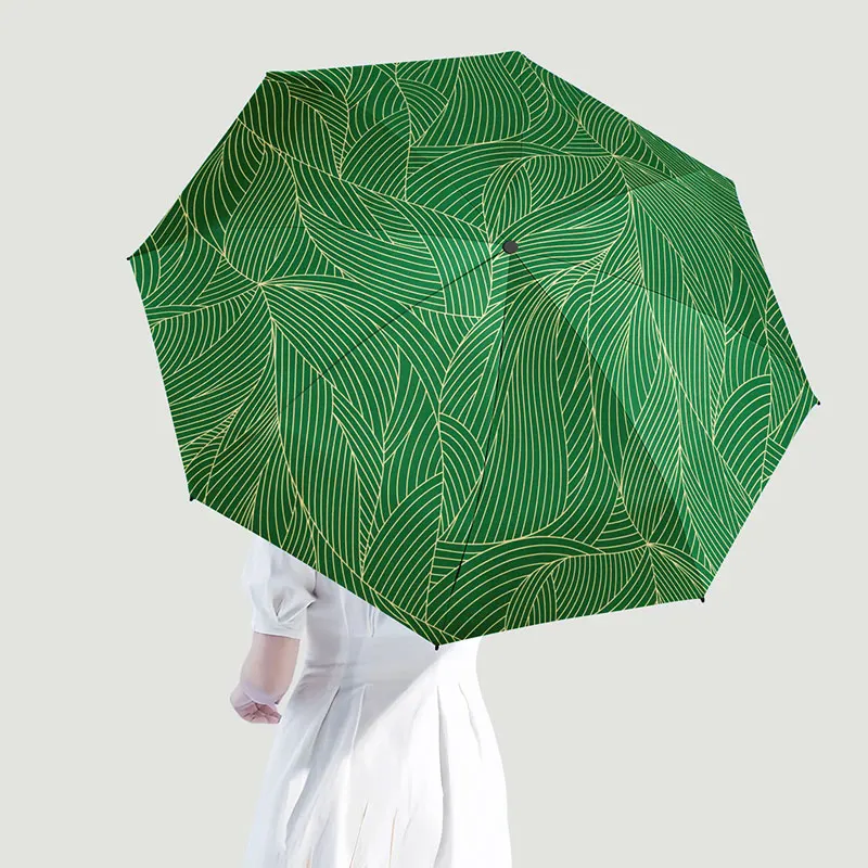 Women's Vintage Bamboo Leaf Pattern Portable Outdoor Folding Umbrella Rainproof UV Protection Sunshade Travel Essential Gift