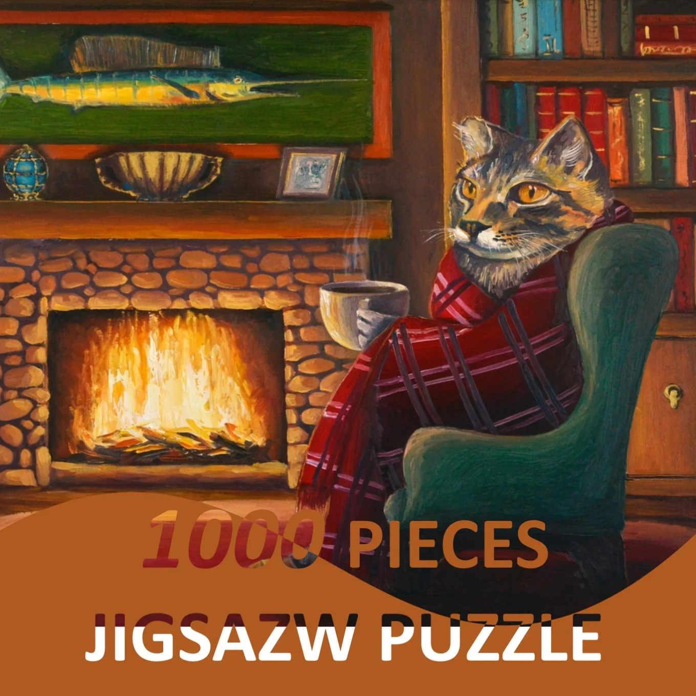 

Пазл для взрослых, 1000 деталей, с изображением кошки у камина, бумажные пазлы, подарки на День Благодарения и Рождество, 69×51 см (27×20 дюймов)