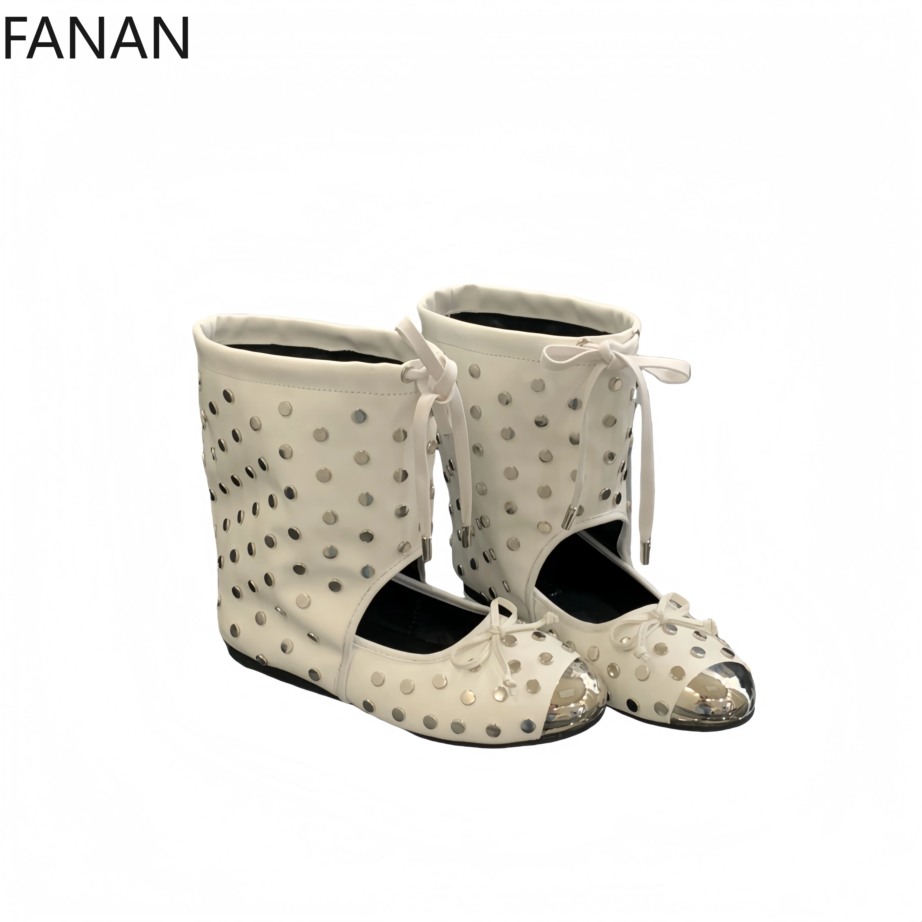 

2025 Original Metal Low Heel Pumps Sandals Boots Women's Shoes Hollow Rivet Boots Bow Ballet Shoes Fashion Medium Boots