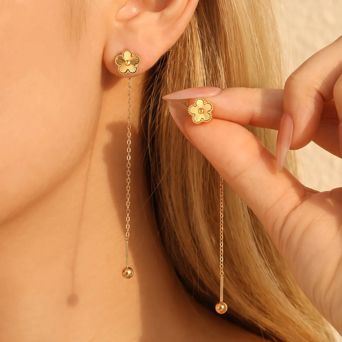 18K Gold Plated Stainless Steel Flower Threader Earrings for Women Long Chain Tassel Drop Dangle Earrings Trendy Jewelry Gift