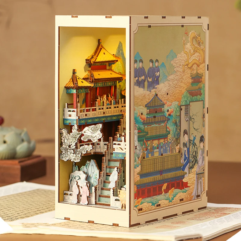 

DIY Book Nook Insert Shelf Kits Wooden Miniature Model Kit Chinese Ancient Street Bookend Assembled Bookshelf Home Decor Gifts