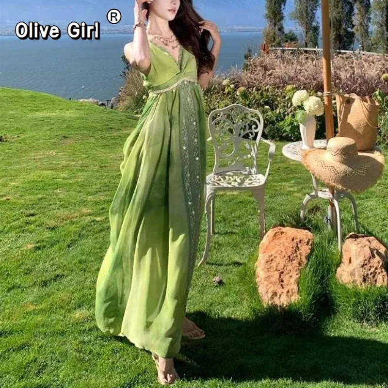 

Olivegirl Sexy Backless Dress Vacation Suspender High Waisted A-line Long Dress Feminine Blended Green Bead Decoration High-end