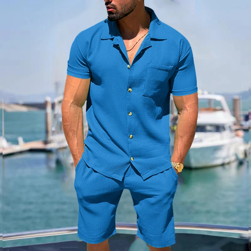 2024 New Men\'s Lapel Casual Cardigan Shorts 2 Pieses Sets Summer Fashion Solid Color Vertical Striped Short-Sleeved Shorts