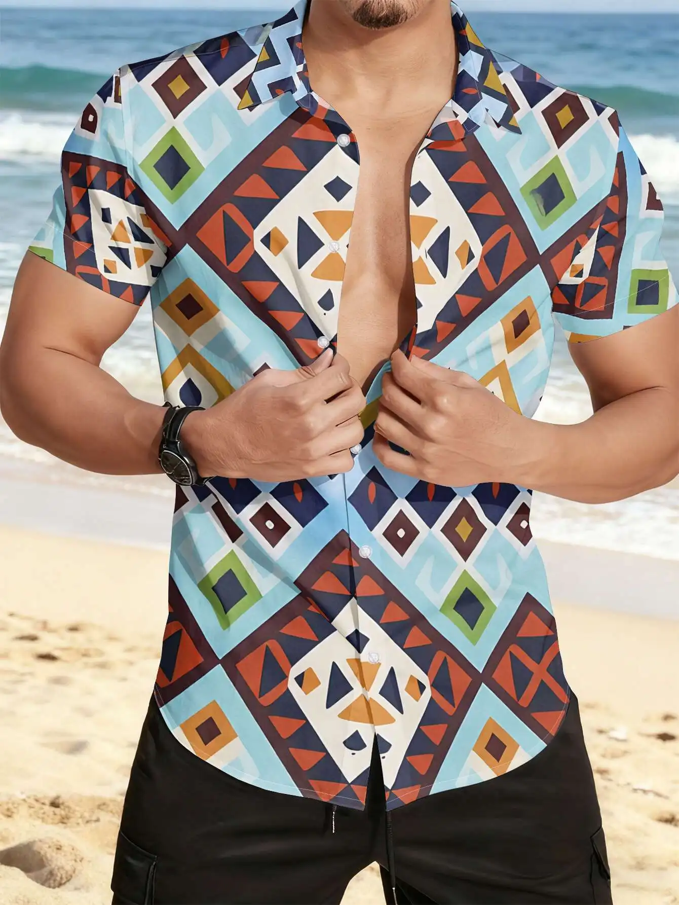 Men's Hawaiian Short Sleeve Shirt Ethnic Geometric Rhombus Allover Print Turn Down Collar Casual Beach Holiday Top Mens Clothing