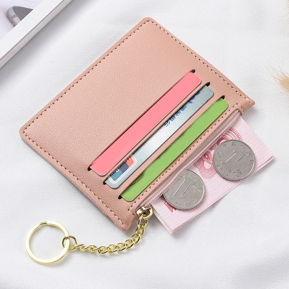 

New 1Pcs Women Men Card Holder Coin Purse Card Bag Pouch Purse With Keychain Simple Solid Color Zipper Thin Business Card Wallet