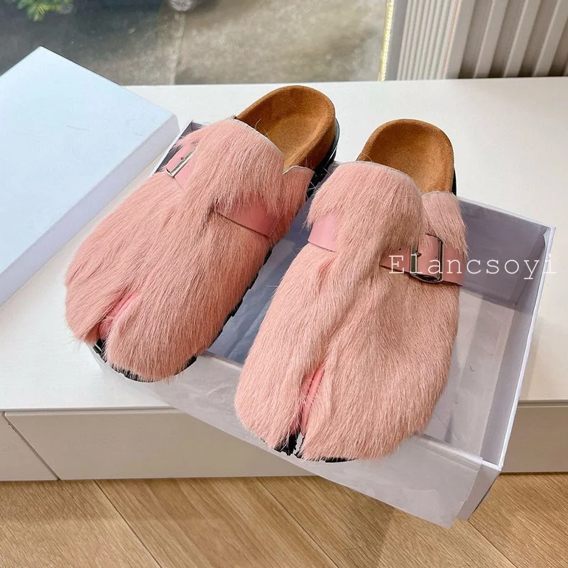 Spring Autumn Split Toe Closed Toe Hairy Slippers Women Thick Bottom Metal Belt Buckle Lazy Mules Female Leisure Vacation Shoes