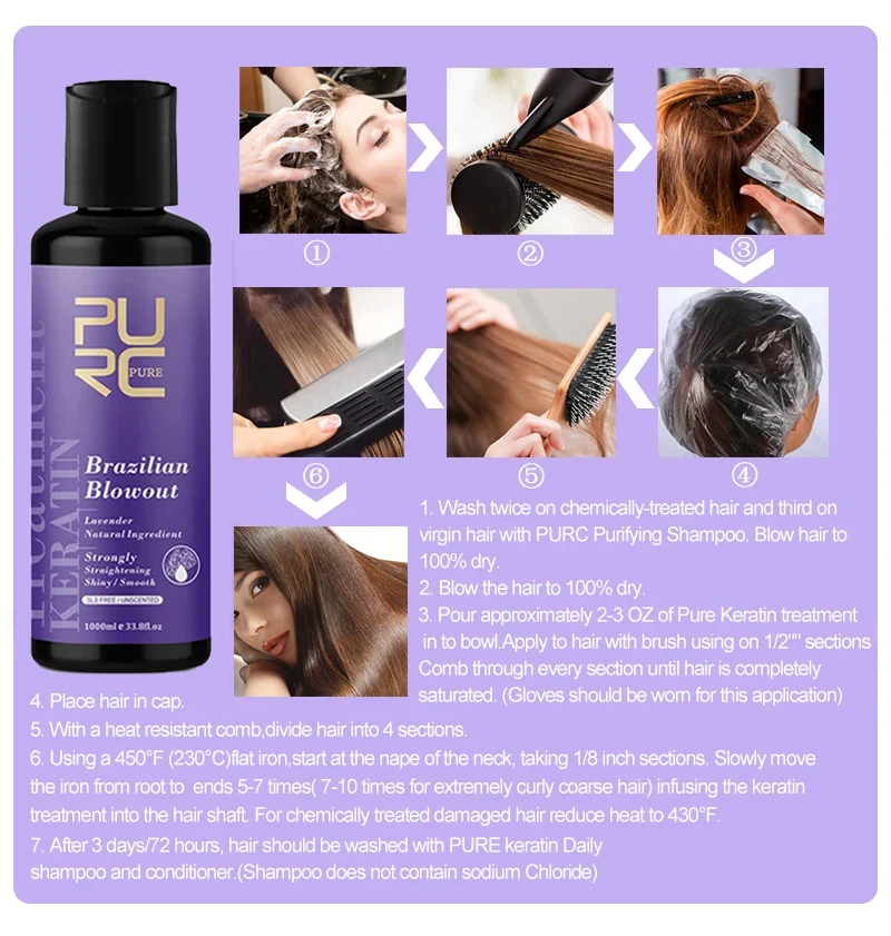 PURC Keratin Hair Straightening 8% 12% 100ml Professional Brazilian Keratin Treatment Repair Damaged Frizzy Smoothing Hair Care image 6