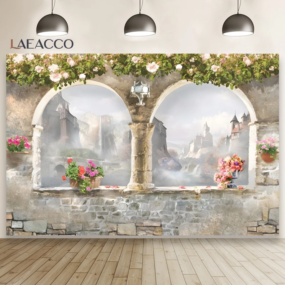 

Spring Flowers Garden Background Wedding Stone Arch Window Castles Decor Photographic Backdrop Kids Portrait Photocall Banner