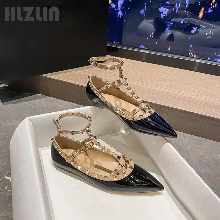 

2024 Spring and summer riveted point flat shoes one word ring lacing large size women's shoes shallow mouth single shoes